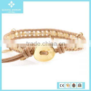 Natural Mother of Pearl Mix Bead Bracelet With Leaf Charm on Beige Leather photo-2