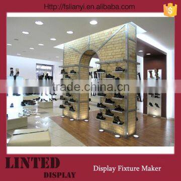 Custom store floor standing 3 tier shoe rack designs wood/shoe display shop/double-side shoe display rack