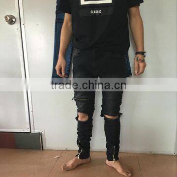 Europe Grey Black Ripped Denim Pants Slim Jeans With Zip Down photo-2