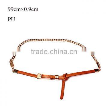 New Designed Fashion Chain Decorated Lady Thin PU Waist Chain Belt