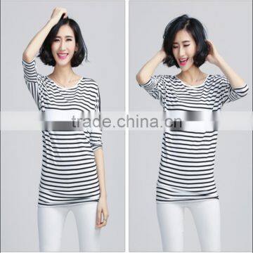 2015 Summer Round Neck Half Sleeve Stripe Casual Women T-shirt Shoulder with Black lace