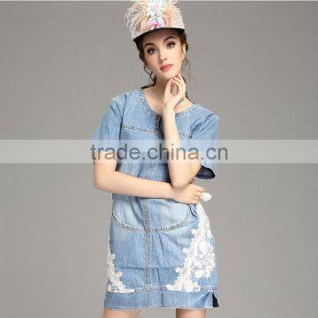 Woman new fashion washed short sleeve latest design pattern back jeans/denim dress