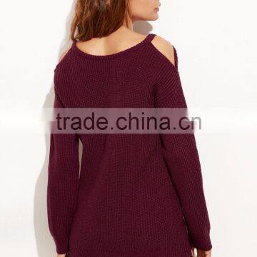 Custom V Neck Cold Shoulder Burgundy Sweater Cotton Polyester Blends Drop Shoulder Sweatshirt photo-5