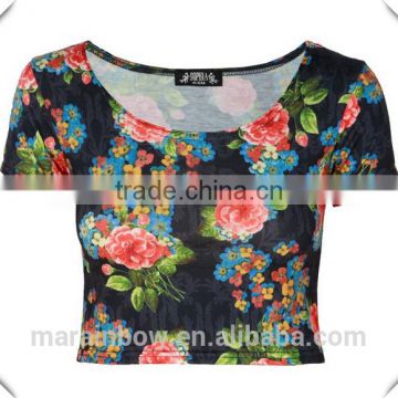 Best quality ladies Super soft & comfortable Floral sublimation Print Short Sleeve wholesale crop tops, OEM factory