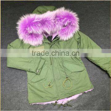 Myfur Lavender Color Dyed Raccoon Fur Hooded Ladies Parka With Fur Lining