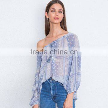 Fringed Drawstring Elastic Neckline Sheer Georgette Peasant Blouse photo-2