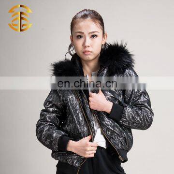 Hot Sale Lace Lady Winter Formal Plain Bomber Jackets with Raccoon Fur Collar