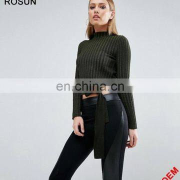 Rosun Newest Designs Collection Turtleneck Tie Waist Partten Ribbed Knit Jumper