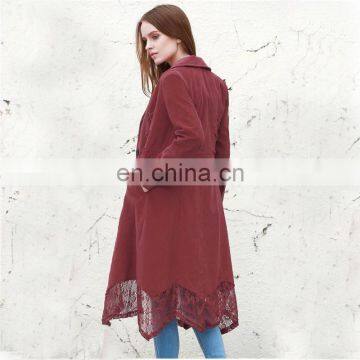 Fashion Lapel Design Khaki Lace Spliced Long Women Trench Coat photo-6
