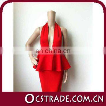 2014 cheap quality peplum red halter neck cocktail dresses