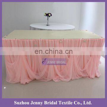 TC106D 4.8m long 76cm wholesale peach chiffon cinderella wedding table skirting with rhinestone buckle decoration