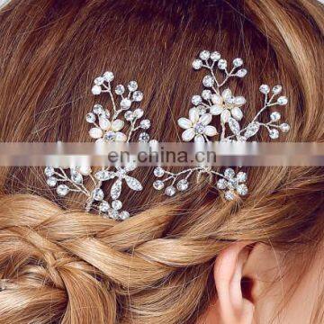 Silver Crystal Rhinestone Hair Sticks Clip Pearl Flower Wedding Hair Pins For lady Bridal Bridesmaid Hair