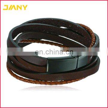 Custom Men's Black Ion-Plated Stainless Steel and Leather Wrap Bracelet