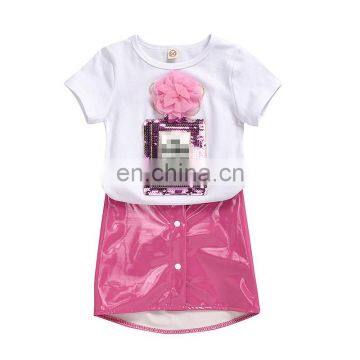 Toddler Kids Baby Girl Summer Clothes Short Sleeve White T-shirt +Mini PU Skirt Outfits Set