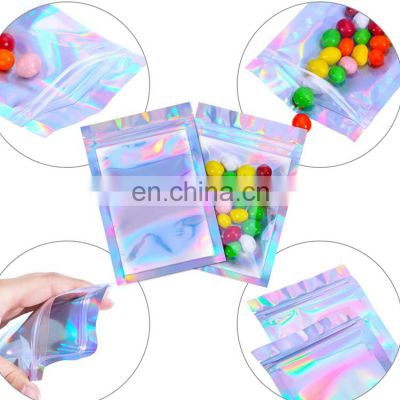 100PCS Holographic rainbow color iridescent bags aluminum foil packaging lock plastic flat bag