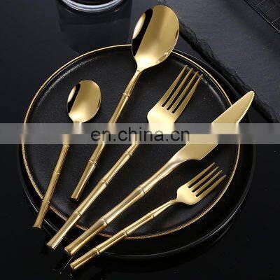 Kitchen Spoon Fork Wedding Bamboo Handle Stainless Steel Silverware Cutlery Set Gold Flatware photo-5