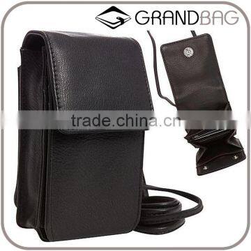 high quality black genuine leather mobile phone pouch neck hanging phone bag for iphone