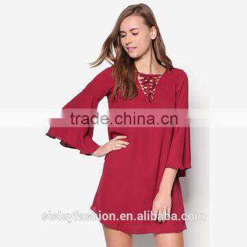 Hot selling women long sleeve fashionable red color women dress with high quality D232