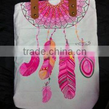 Hmong Indian tote neon white canvas bag feather pattern