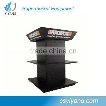 metal display shelving with glasses board