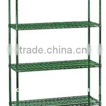 Green wire shelving for hotel or kitchroom use