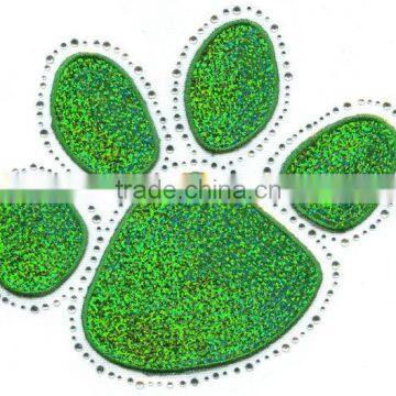 Iron On Transfer Applique Rhinestone and Sequin Green Paw Print design