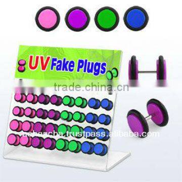Display with 40 pcs of UV acrylic illusion fake plugs with rubber O-rings in assorted colors and sizes ( 6,8,10mm)