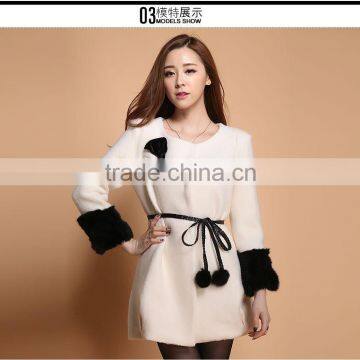 2015 New design rabbit fur sleeve womens wool coat
