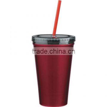 16 Oz. Stainless Steel Double Wall Tumbler With Straw