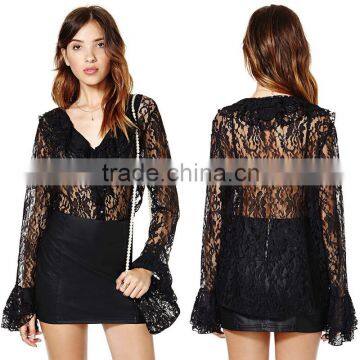 JPSKIRT1508880 Sexy Women Hook Flower Black Lace Shirt