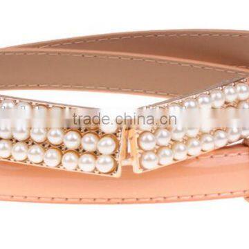 Ladies And Women Kore Style Candy Color Fashion Patent Leather Narrow Pearl Buckle Waist Belt