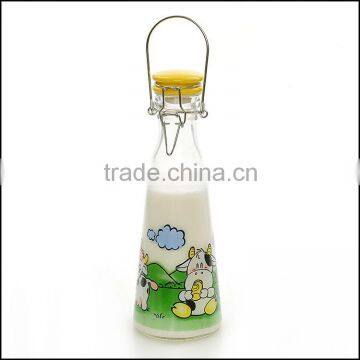Cute Cow Pattern Glass Milk Bottle With Ceramic Lid