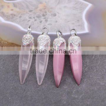 Rose Quartz Crystal Point Pendant, White AB Pave Crystal Clay Caps Jewelry Gem Stone Pendant