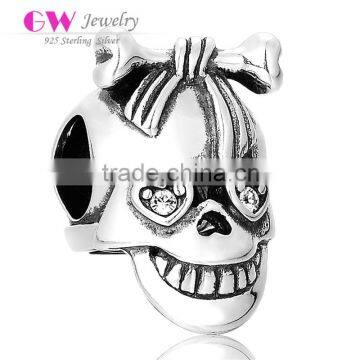 X218B Wholesale 925 Sterling Silver Skull Charms With Clear Crystal