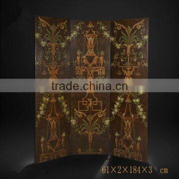 Traditional Hand Painting Three Door Folding Screen, Retro Furniture Decorative Wooden Floor Screen With Crackle