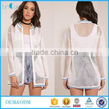 Sexy womens white mesh longline bomber jacket LC80423-S