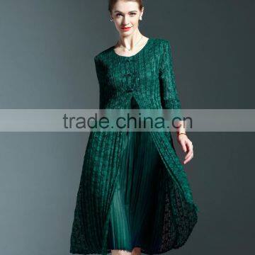 Chinoiserie Ladies Pleat Fake Two Pieces Lace Spliced Dress photo-6