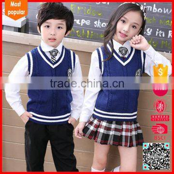 Hot selling 100%Cotton v neck primary school girls sweaters vest