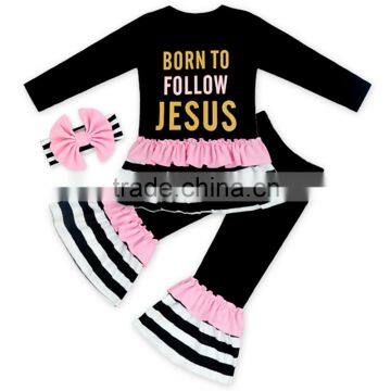 Hot sale 2pcs children clothing set long sleeve 3 layers of edible fungus shirt and pant gilr short layered set