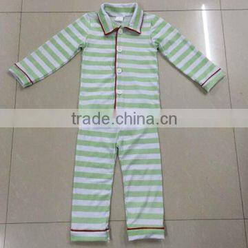 2016 High quqlity green and white stripe kids 100% cotton pajamas children's sleepwear clothing set wholesale