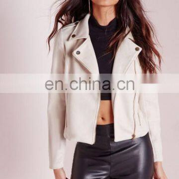 Fashion Women Faux Suede Neoprene Biker Jacket Nude photo-4
