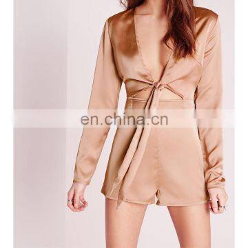 High fashion Silky tie front details satin jumpsuits for laides