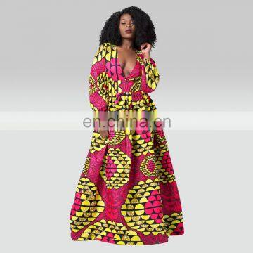 Wholesale Deep V Neck Long Sleeve Sexy Club Women African Chiffon Printed Casual Max Dresses photo-3