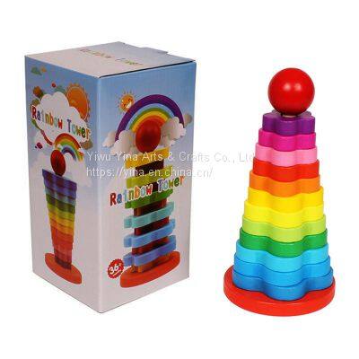 Children's Wooden Rainbow Block Kindergarten Baby Hand-eye Coordination Training Game Montessori Colorful Pile Tower Toys