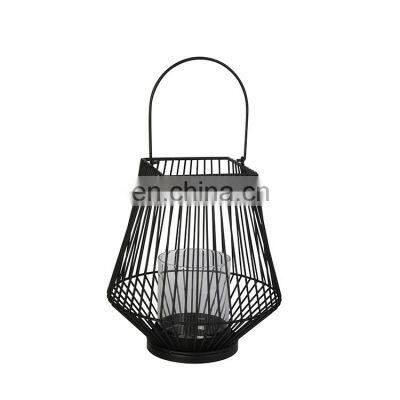 K&B wholesale Nordic design black metal wire glass cup candle lantern with handle