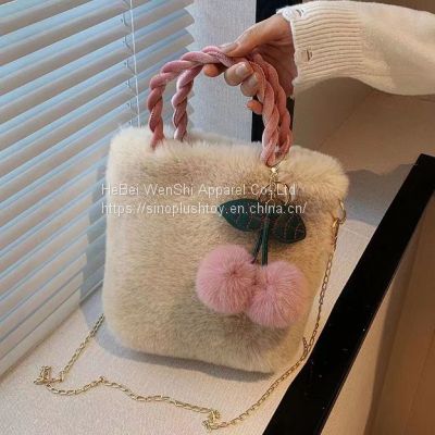 009Autumn plush bag Cherry pendant Tote Shoulder Skew straddle Bag Women's popular bag Cute bag