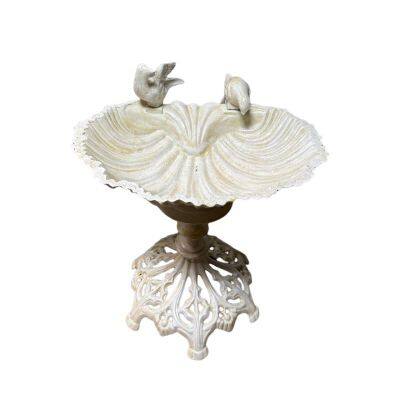 Heavy Duty Cast Iron Standing bird bath with 2 decorative birds cream shell