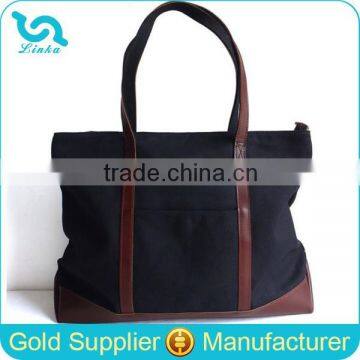 Custom Black Canvas Tote Bag Quality Tote Bag Blank With Genuine Leather Handles