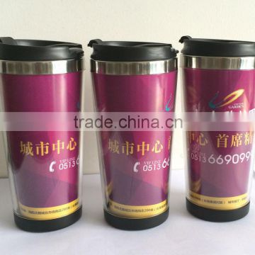 double wall inside ss outside plastic mug with glitter paper insert