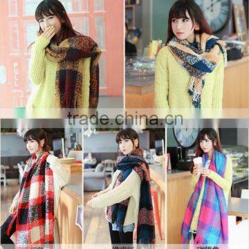 Wholesale New Winter Lady Fashion Tassel Loop Yarn Plaid Blanket Scarf